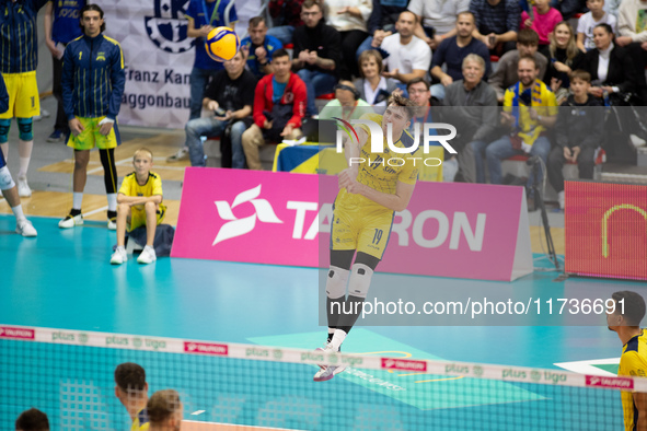 Dawid Dulski participates in a match of the Plus Liga between Stal Nysa and ZAKSA Kedzierzyn Kozle in Nysa, Poland, on November 3, 2024. 