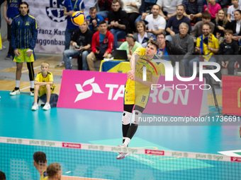 Dawid Dulski participates in a match of the Plus Liga between Stal Nysa and ZAKSA Kedzierzyn Kozle in Nysa, Poland, on November 3, 2024. (