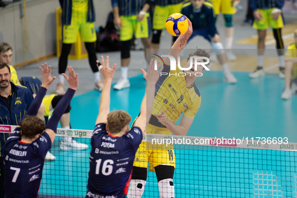 Dawid Dulski participates in a match of the Plus Liga between Stal Nysa and ZAKSA Kedzierzyn Kozle in Nysa, Poland, on November 3, 2024. 