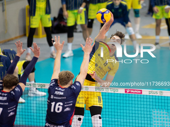 Dawid Dulski participates in a match of the Plus Liga between Stal Nysa and ZAKSA Kedzierzyn Kozle in Nysa, Poland, on November 3, 2024. (