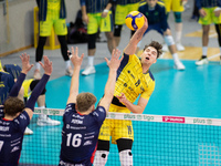 Dawid Dulski participates in a match of the Plus Liga between Stal Nysa and ZAKSA Kedzierzyn Kozle in Nysa, Poland, on November 3, 2024. (