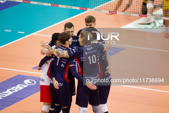 Mateusz Recko participates in a match of the PLUS Liga between Stal Nysa and ZAKSA Kedzierzyn Kozle in Nysa, Poland, on November 3, 2024. 