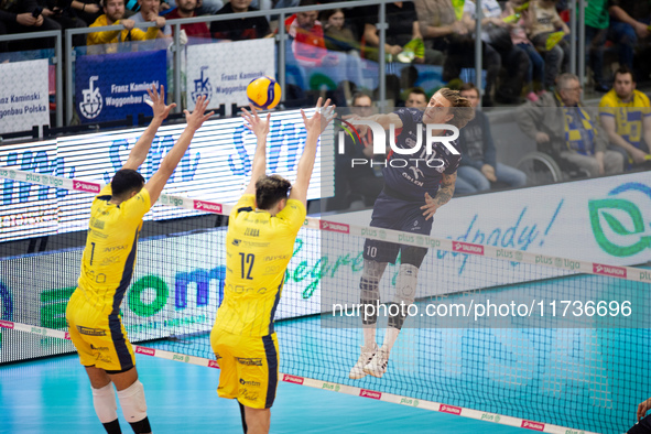 Mateusz Recko participates in a match of the PLUS Liga between Stal Nysa and ZAKSA Kedzierzyn Kozle in Nysa, Poland, on November 3, 2024. 