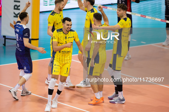 ZOUHEIR EL GRAOUI participates in a match of the PLUS Liga between Stal Nysa and ZAKSA Kedzierzyn Kozle in Nysa, Poland, on November 3, 2024...