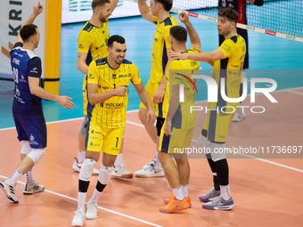 ZOUHEIR EL GRAOUI participates in a match of the PLUS Liga between Stal Nysa and ZAKSA Kedzierzyn Kozle in Nysa, Poland, on November 3, 2024...