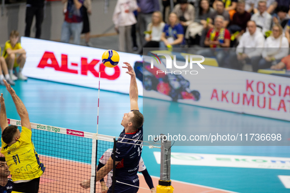 RAFAL SZYMURA participates in a match of the PLUS Liga between Stal Nysa and ZAKSA Kedzierzyn Kozle in Nysa, Poland, on November 3, 2024. 