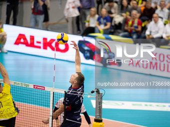 RAFAL SZYMURA participates in a match of the PLUS Liga between Stal Nysa and ZAKSA Kedzierzyn Kozle in Nysa, Poland, on November 3, 2024. (