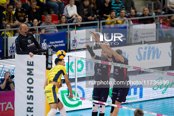 MARCIN JANUSZ and ZOUHEIR EL GRAOUI participate in a PLUS Liga match between Stal Nysa and ZAKSA Kedzierzyn Kozle in Nysa, Poland, on Novemb...