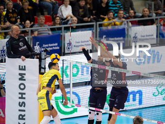 MARCIN JANUSZ and ZOUHEIR EL GRAOUI participate in a PLUS Liga match between Stal Nysa and ZAKSA Kedzierzyn Kozle in Nysa, Poland, on Novemb...