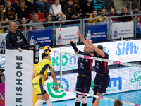 MARCIN JANUSZ and ZOUHEIR EL GRAOUI participate in a PLUS Liga match between Stal Nysa and ZAKSA Kedzierzyn Kozle in Nysa, Poland, on Novemb...