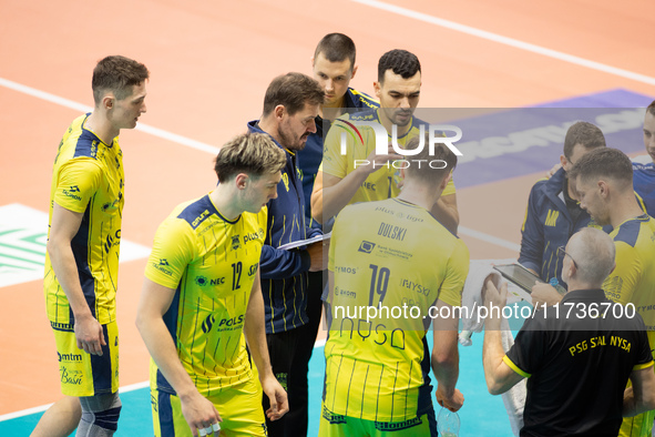 Zouheir El Graoui and Dawid Plinski participate in a PLUS Liga match between Stal Nysa and ZAKSA Kedzierzyn Kozle in Nysa, Poland, on Novemb...