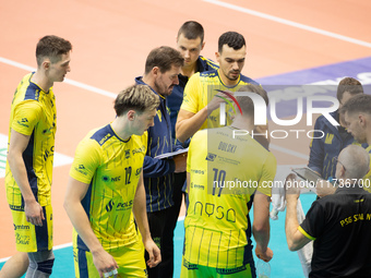 Zouheir El Graoui and Dawid Plinski participate in a PLUS Liga match between Stal Nysa and ZAKSA Kedzierzyn Kozle in Nysa, Poland, on Novemb...