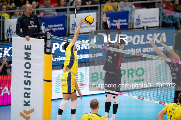 Zouheir El Graoui and Marcin Janusz play during a match of the Plus Liga between Stal Nysa and ZAKSA Kedzierzyn Kozle in Nysa, Poland, on No...