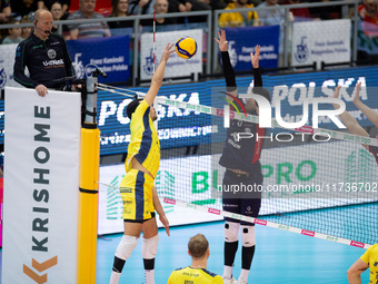 Zouheir El Graoui and Marcin Janusz play during a match of the Plus Liga between Stal Nysa and ZAKSA Kedzierzyn Kozle in Nysa, Poland, on No...