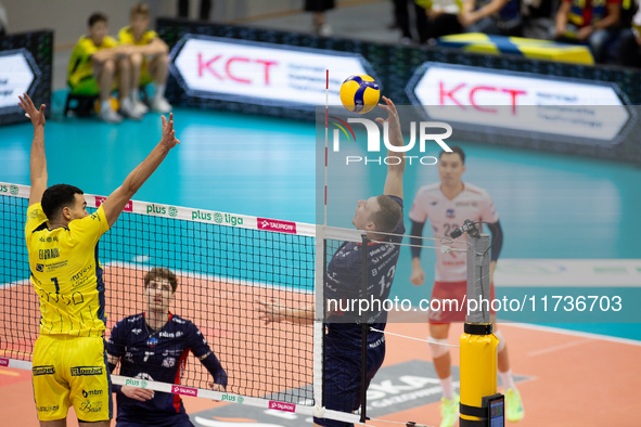 RAFAL SZYMURA participates in a match of the PLUS Liga between Stal Nysa and ZAKSA Kedzierzyn Kozle in Nysa, Poland, on November 3, 2024. 