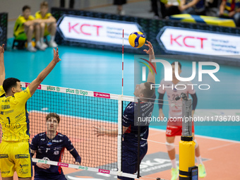 RAFAL SZYMURA participates in a match of the PLUS Liga between Stal Nysa and ZAKSA Kedzierzyn Kozle in Nysa, Poland, on November 3, 2024. (