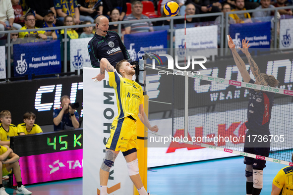 Kamil Kosiba participates in a match of the PLUS Liga between Stal Nysa and ZAKSA Kedzierzyn Kozle in Nysa, Poland, on November 3, 2024. 