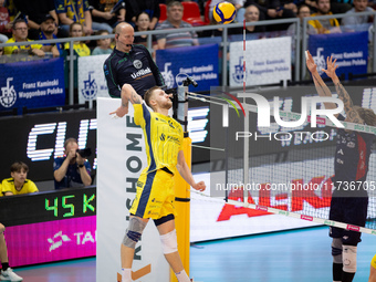 Kamil Kosiba participates in a match of the PLUS Liga between Stal Nysa and ZAKSA Kedzierzyn Kozle in Nysa, Poland, on November 3, 2024. (