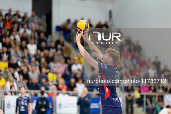 Mateusz Poreba participates in a PLUS Liga match between Stal Nysa and ZAKSA Kedzierzyn Kozle in Nysa, Poland, on November 3, 2024. 