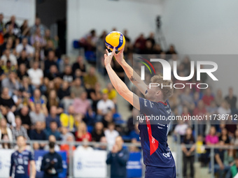 Mateusz Poreba participates in a PLUS Liga match between Stal Nysa and ZAKSA Kedzierzyn Kozle in Nysa, Poland, on November 3, 2024. (