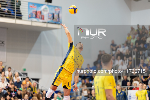 ZOUHEIR EL GRAOUI participates in a match of the PLUS Liga between Stal Nysa and ZAKSA Kedzierzyn Kozle in Nysa, Poland, on November 3, 2024...