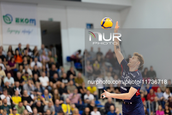 Mateusz Poreba participates in a PLUS Liga match between Stal Nysa and ZAKSA Kedzierzyn Kozle in Nysa, Poland, on November 3, 2024. 