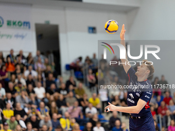 Mateusz Poreba participates in a PLUS Liga match between Stal Nysa and ZAKSA Kedzierzyn Kozle in Nysa, Poland, on November 3, 2024. (