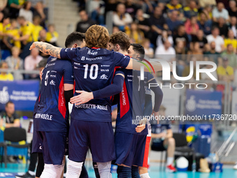 Mateusz Recko participates in a match of the PLUS Liga between Stal Nysa and ZAKSA Kedzierzyn Kozle in Nysa, Poland, on November 3, 2024. (