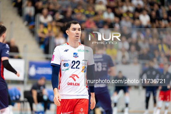 ERIK SHOJI participates in a match of the PLUS Liga between Stal Nysa and ZAKSA Kedzierzyn Kozle in Nysa, Poland, on November 3, 2024. 