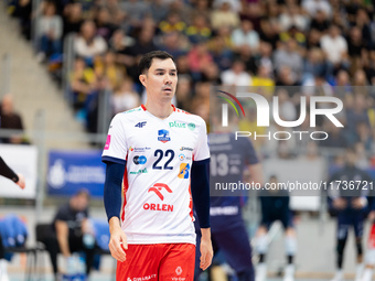 ERIK SHOJI participates in a match of the PLUS Liga between Stal Nysa and ZAKSA Kedzierzyn Kozle in Nysa, Poland, on November 3, 2024. (