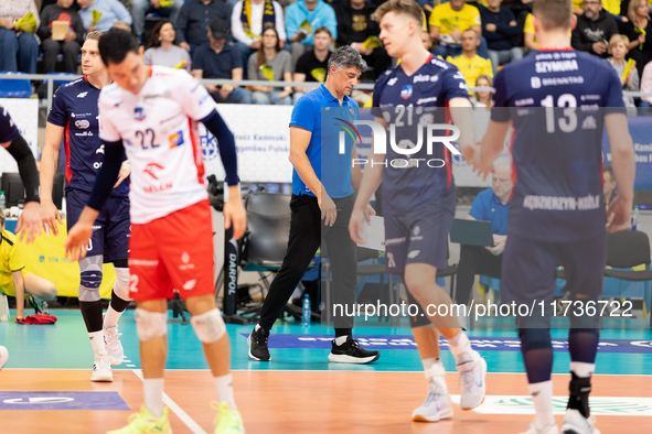 Andrea Giani participates in a match of the PLUS Liga between Stal Nysa and ZAKSA Kedzierzyn Kozle in Nysa, Poland, on November 3, 2024. 