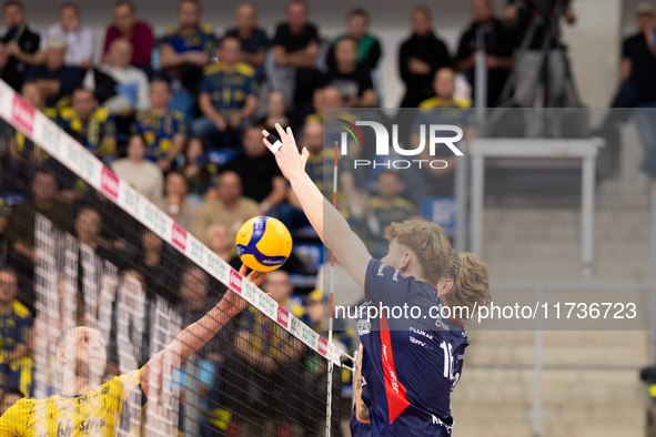 Mateusz Poreba participates in a PLUS Liga match between Stal Nysa and ZAKSA Kedzierzyn Kozle in Nysa, Poland, on November 3, 2024. 