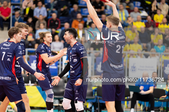 Mateusz Poreba and Marcin Janusz participate in a PLUS Liga match between Stal Nysa and ZAKSA Kedzierzyn Kozle in Nysa, Poland, on November...