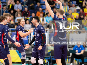 Mateusz Poreba and Marcin Janusz participate in a PLUS Liga match between Stal Nysa and ZAKSA Kedzierzyn Kozle in Nysa, Poland, on November...