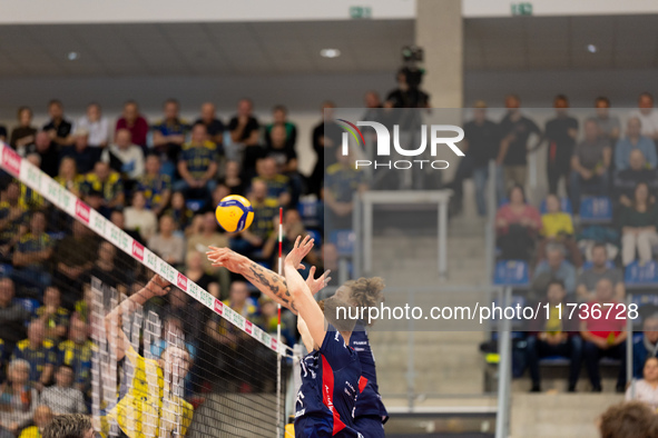 Mateusz Recko participates in a match of the PLUS Liga between Stal Nysa and ZAKSA Kedzierzyn Kozle in Nysa, Poland, on November 3, 2024. 