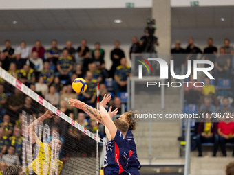 Mateusz Recko participates in a match of the PLUS Liga between Stal Nysa and ZAKSA Kedzierzyn Kozle in Nysa, Poland, on November 3, 2024. (