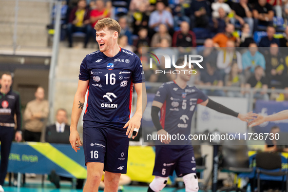 Mateusz Poreba participates in a PLUS Liga match between Stal Nysa and ZAKSA Kedzierzyn Kozle in Nysa, Poland, on November 3, 2024. 