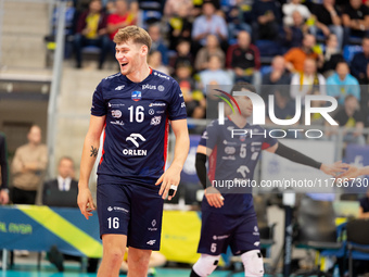 Mateusz Poreba participates in a PLUS Liga match between Stal Nysa and ZAKSA Kedzierzyn Kozle in Nysa, Poland, on November 3, 2024. (