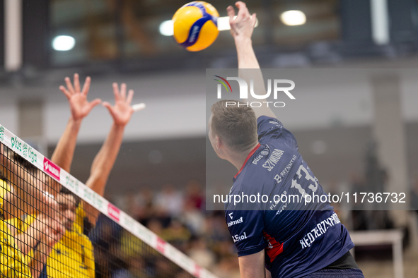 RAFAL SZYMURA participates in a match of the PLUS Liga between Stal Nysa and ZAKSA Kedzierzyn Kozle in Nysa, Poland, on November 3, 2024. 