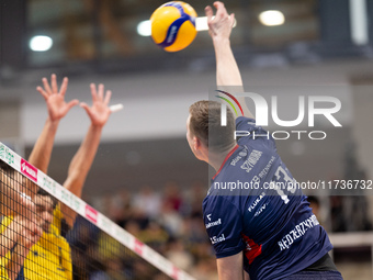 RAFAL SZYMURA participates in a match of the PLUS Liga between Stal Nysa and ZAKSA Kedzierzyn Kozle in Nysa, Poland, on November 3, 2024. (