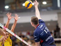 RAFAL SZYMURA participates in a match of the PLUS Liga between Stal Nysa and ZAKSA Kedzierzyn Kozle in Nysa, Poland, on November 3, 2024. (