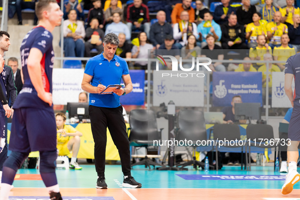 Andrea Giani participates in a match of the PLUS Liga between Stal Nysa and ZAKSA Kedzierzyn Kozle in Nysa, Poland, on November 3, 2024. 