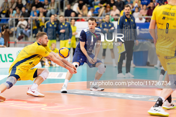 Kamil Szymura participates in a match of the Plus Liga between Stal Nysa and ZAKSA Kedzierzyn Kozle in Nysa, Poland, on November 3, 2024. 