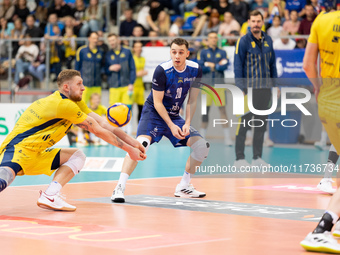 Kamil Szymura participates in a match of the Plus Liga between Stal Nysa and ZAKSA Kedzierzyn Kozle in Nysa, Poland, on November 3, 2024. (