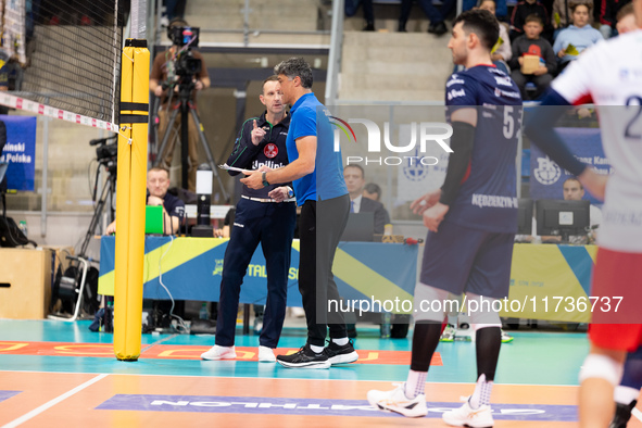 Andrea Giani participates in a match of the PLUS Liga between Stal Nysa and ZAKSA Kedzierzyn Kozle in Nysa, Poland, on November 3, 2024. 