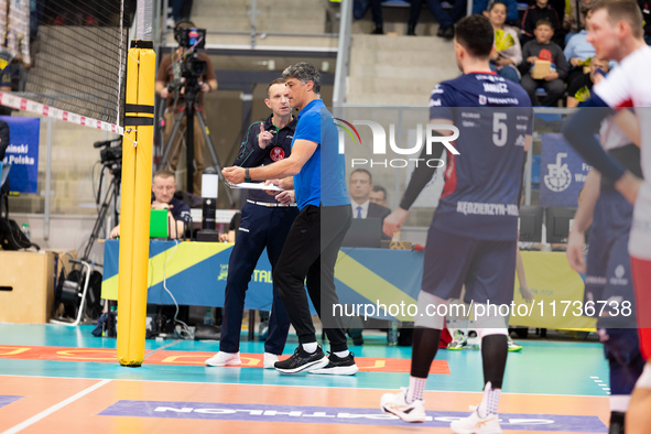 Andrea Giani participates in a match of the PLUS Liga between Stal Nysa and ZAKSA Kedzierzyn Kozle in Nysa, Poland, on November 3, 2024. 