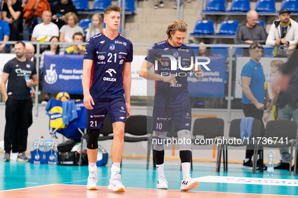 Kamil Urbanowicz and Mateusz Recko participate in a PLUS Liga match between Stal Nysa and ZAKSA Kedzierzyn Kozle in Nysa, Poland, on Novembe...