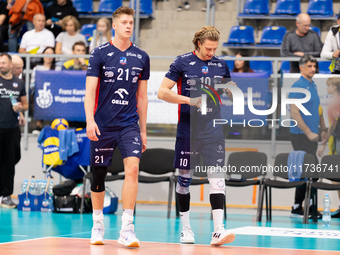 Kamil Urbanowicz and Mateusz Recko participate in a PLUS Liga match between Stal Nysa and ZAKSA Kedzierzyn Kozle in Nysa, Poland, on Novembe...