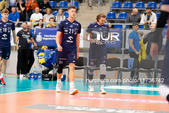 Kamil Urbanowicz and Mateusz Recko participate in a PLUS Liga match between Stal Nysa and ZAKSA Kedzierzyn Kozle in Nysa, Poland, on Novembe...