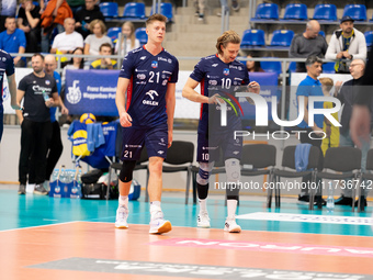 Kamil Urbanowicz and Mateusz Recko participate in a PLUS Liga match between Stal Nysa and ZAKSA Kedzierzyn Kozle in Nysa, Poland, on Novembe...